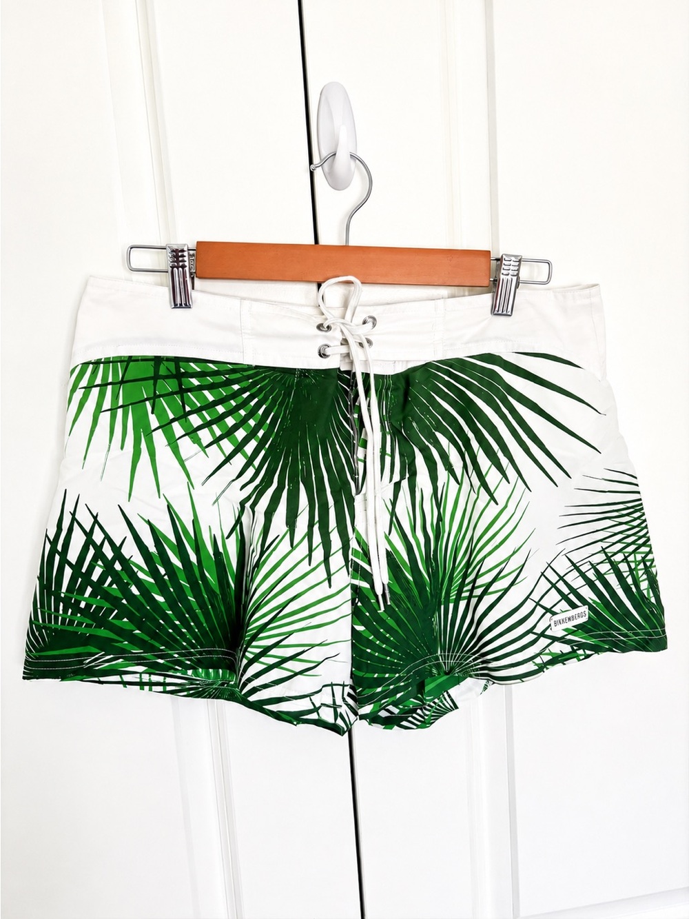 Bikkembergs White Swim Trunks with Green Palm Print